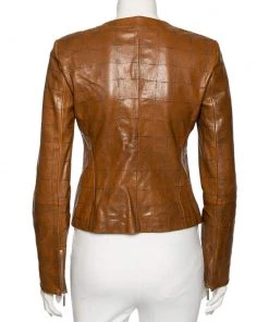 Emporio Armani Brown Checkered Leather Zip Front Jacket M For Women -Emporio Armani sale luxury women emporio armani used clothes p567865 006