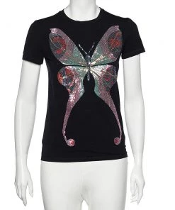 Emporio Armani Black Butterfly Print Cotton Sequins Top M For Women