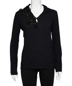 Emporio Armani Black Knit Floral Applique Sweater Top S For Women