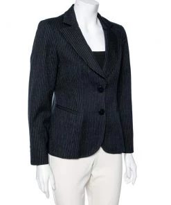 Emporio Armani Midnight Blue Pinstriped Wool Single Breasted Blazer M For Women -Emporio Armani sale luxury women emporio armani used clothes p588917 002