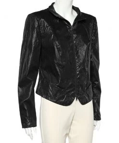 Emporio Armani Black Textured Cotton Zip Front Jacket L For Women -Emporio Armani sale luxury women emporio armani used clothes p597854 001