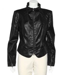 Emporio Armani Black Textured Cotton Zip Front Jacket L For Women