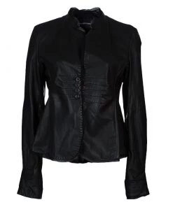 Emporio Armani Black Leather Chiffon Trim Fitted Jacket L For Women