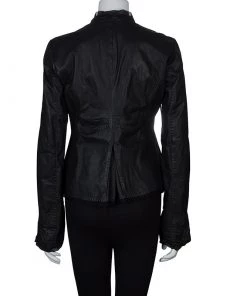 Emporio Armani Black Leather Chiffon Trim Fitted Jacket L For Women -Emporio Armani sale luxury women emporio armani used clothes p59990 003