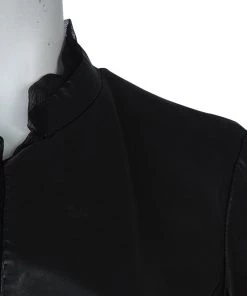 Emporio Armani Black Leather Chiffon Trim Fitted Jacket L For Women -Emporio Armani sale luxury women emporio armani used clothes p59990 004