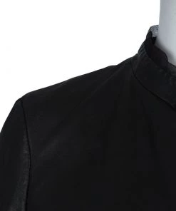Emporio Armani Black Leather Chiffon Trim Fitted Jacket L For Women -Emporio Armani sale luxury women emporio armani used clothes p59990 005