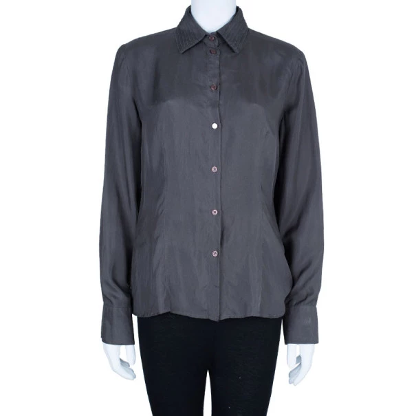 Emporio Armani Grey Silk Collared Shirt M For Women 4 Emporio Armani Grey Silk Collared Shirt M For Women - Image 2