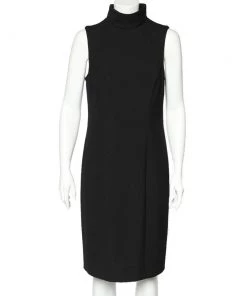 Emporio Armani Black Crepe High Neck Sleeveless Midi Dress L For Women