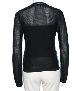 Emporio Armani Black & Blue Printed Silk Paneled Knit Cardigan M For Women -Emporio Armani sale luxury women emporio armani used clothes p606090 001