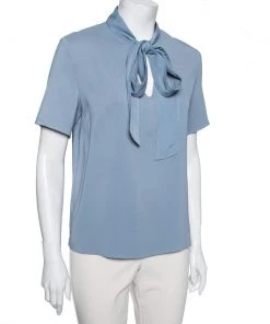 Emporio Armani Blue Crepe Front Bow Tie Blouse L For Women -Emporio Armani sale luxury women emporio armani used clothes p609106 002