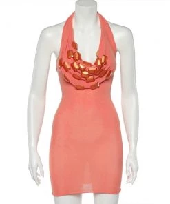 Emporio Armani Orange Knit Embellished Detail Halter Neck Mini Dress S For Women