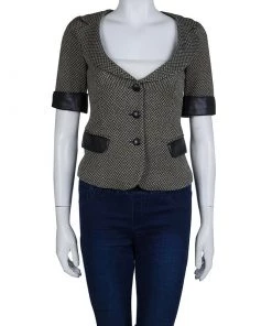 Emporio Armani Cream And Black Leather Trim Wool Blazer S For Women -Emporio Armani sale luxury women emporio armani used clothes p61644 002