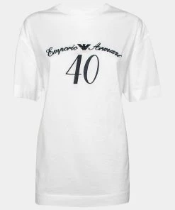 Emporio Armani White Cotton Logo Embroidered Crew Neck Top XL For Women