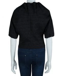 Emporio Armani Black Textured Draped Collar Cropped Jacket M For Women -Emporio Armani sale luxury women emporio armani used clothes p63523 003