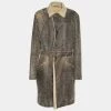 Emporio Armani Vintage Cream & Brown Embossed Leather Shearling Lined Coat XL For Women