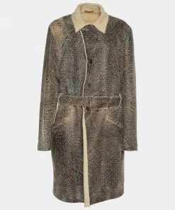 Emporio Armani Vintage Cream & Brown Embossed Leather Shearling Lined Coat XL For Women