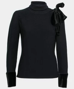 Emporio Armani Black Wool Knit Velvet Trimmed Turtle Neck Sweater L For Women