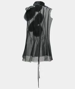 Emporio Armani Black Tulle Floral Appliqued Gathered Waist Top M For Women -Emporio Armani sale luxury women emporio armani used clothes p668341 003