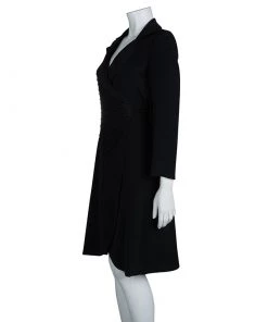 Emporio Armani Black Yarn Embroidered Side Tie Detail Long Blazer S For Women -Emporio Armani sale luxury women emporio armani used clothes p67067 0004