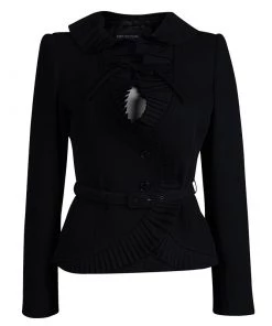 Emporio Armani Black Frill Detail Belted Blazer S For Women