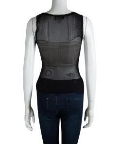 Emporio Armani Black Ruffle Detail Sleeveless Sheer Top S For Women -Emporio Armani sale luxury women emporio armani used clothes p87916 003