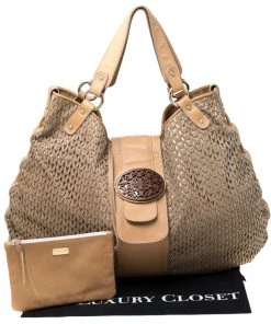 Emporio Armani Beige/Light Brown Lasercut Suede And Leather Hobo For Women -Emporio Armani sale luxury women emporio armani used handbags p217236 005