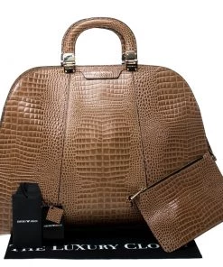 Emporio Armani Light Brown Croc Embossed Leather Satchel For Women -Emporio Armani sale luxury women emporio armani used handbags p227471 011