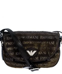 Emporio Armani Black/Gold Signature Print Lame Fabric Flap Crossbody Bag For Women