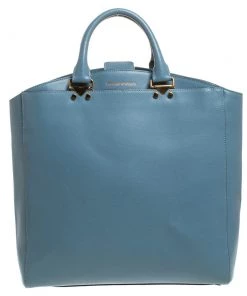 Emporio Armani Light Blue Leather Shopper Tote For Women
