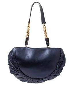 Emporio Armani Indigo Pleated Leather Chain Hobo For Women -Emporio Armani sale luxury women emporio armani used handbags p363399 005