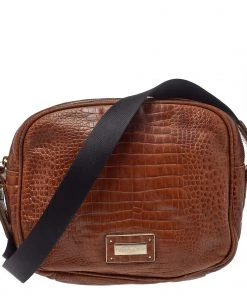 Emporio Armani Brown Croc Embossed Leather Logo Plaque Crossbody Bag For Women