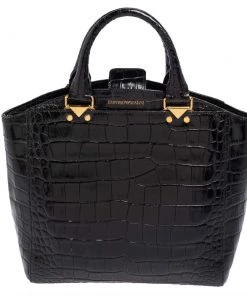Emporio Armani Black Croc Embossed Leather Satchel For Women
