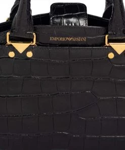 Emporio Armani Black Croc Embossed Leather Satchel For Women -Emporio Armani sale luxury women emporio armani used handbags p417610 005