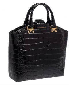 Emporio Armani Black Croc Embossed Leather Satchel For Women -Emporio Armani sale luxury women emporio armani used handbags p417610 006
