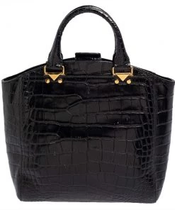 Emporio Armani Black Croc Embossed Leather Satchel For Women -Emporio Armani sale luxury women emporio armani used handbags p417610 007
