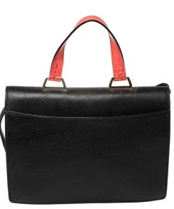 Emporio Armani Black Leather And Croc Embossed Leather Pushlock Flap Top Handle For Women -Emporio Armani sale luxury women emporio armani used handbags p426494 004