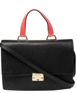 Emporio Armani Black Leather And Croc Embossed Leather Pushlock Flap Top Handle For Women