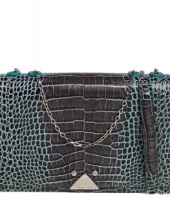 Emporio Armani Blue/Black Croc Embossed Leather Flap Crossbody Bag For Women