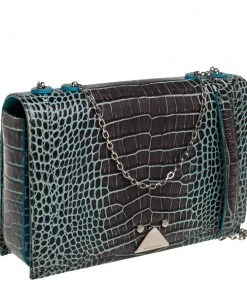 Emporio Armani Blue/Black Croc Embossed Leather Flap Crossbody Bag For Women -Emporio Armani sale luxury women emporio armani used handbags p430003 003