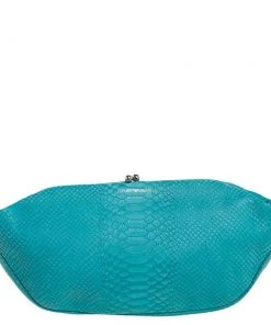 Emporio Armani Blue Python Embossed Leather Frame Clutch For Women