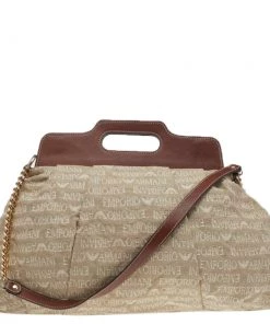 Emporio Armani Beige/Brown Monogram Canvas And Leather Shoulder Bag For Women