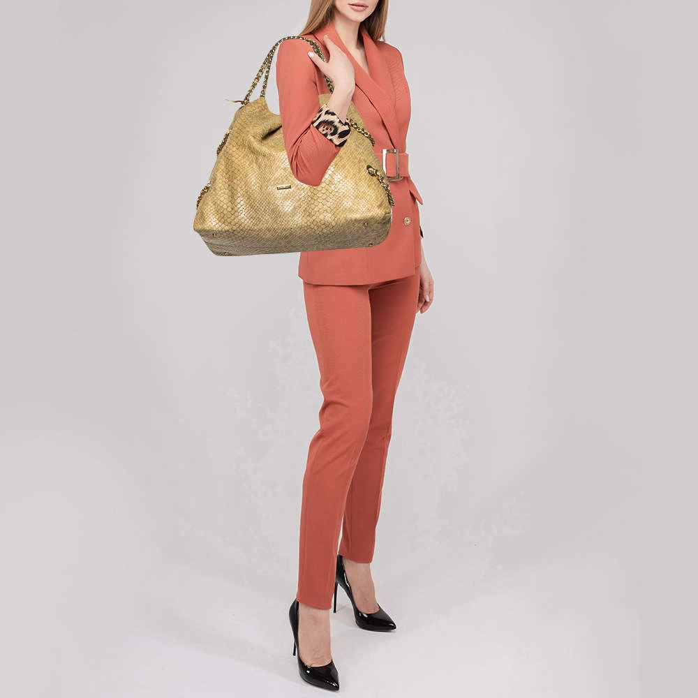 Emporio Armani Beige Glittery Snakeskin Embossed Leather Chain Detail Hobo For Women 4 Emporio Armani Beige Glittery Snakeskin Embossed Leather Chain Detail Hobo For Women - Image 2