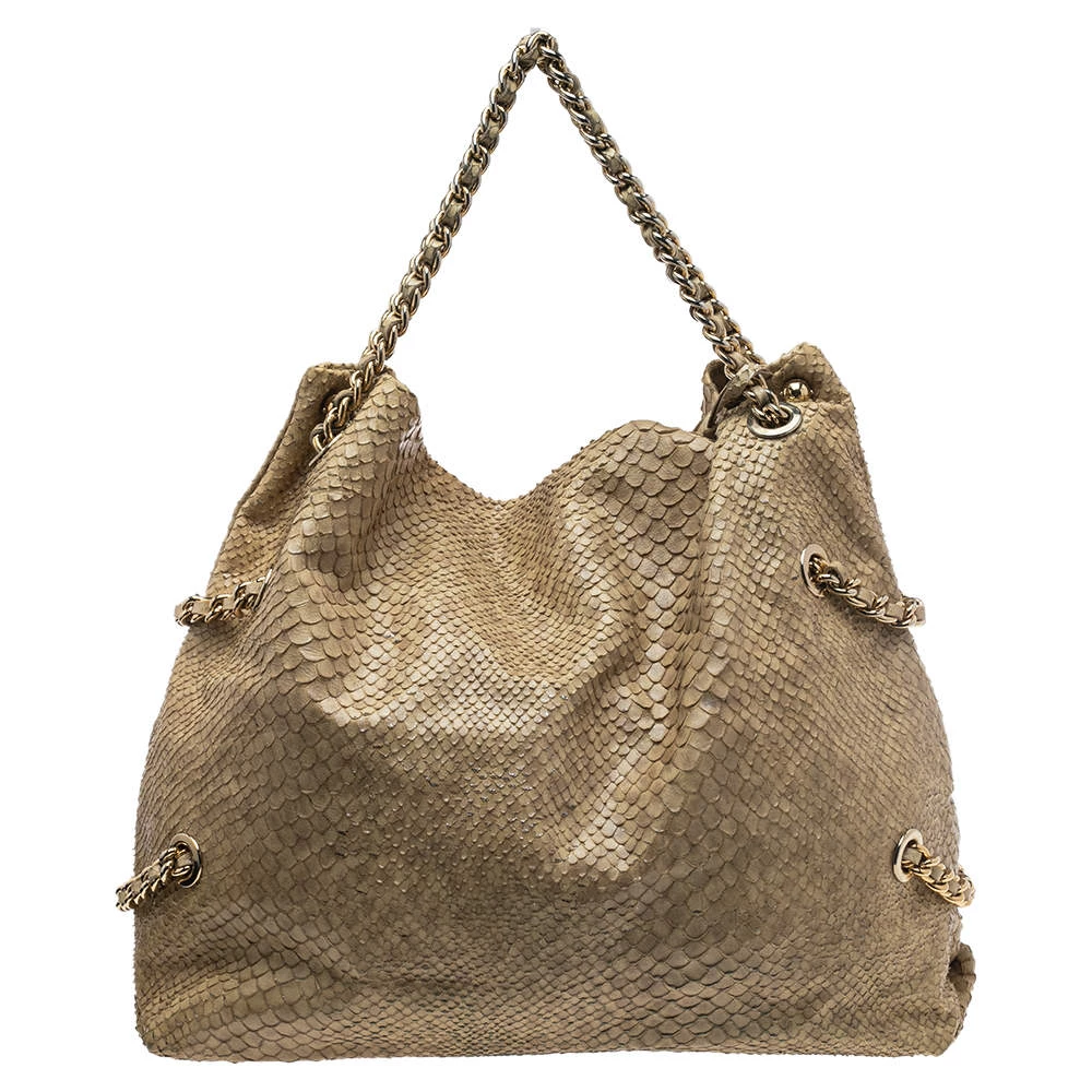 Emporio Armani Beige Glittery Snakeskin Embossed Leather Chain Detail Hobo For Women 6 Emporio Armani Beige Glittery Snakeskin Embossed Leather Chain Detail Hobo For Women - Image 4