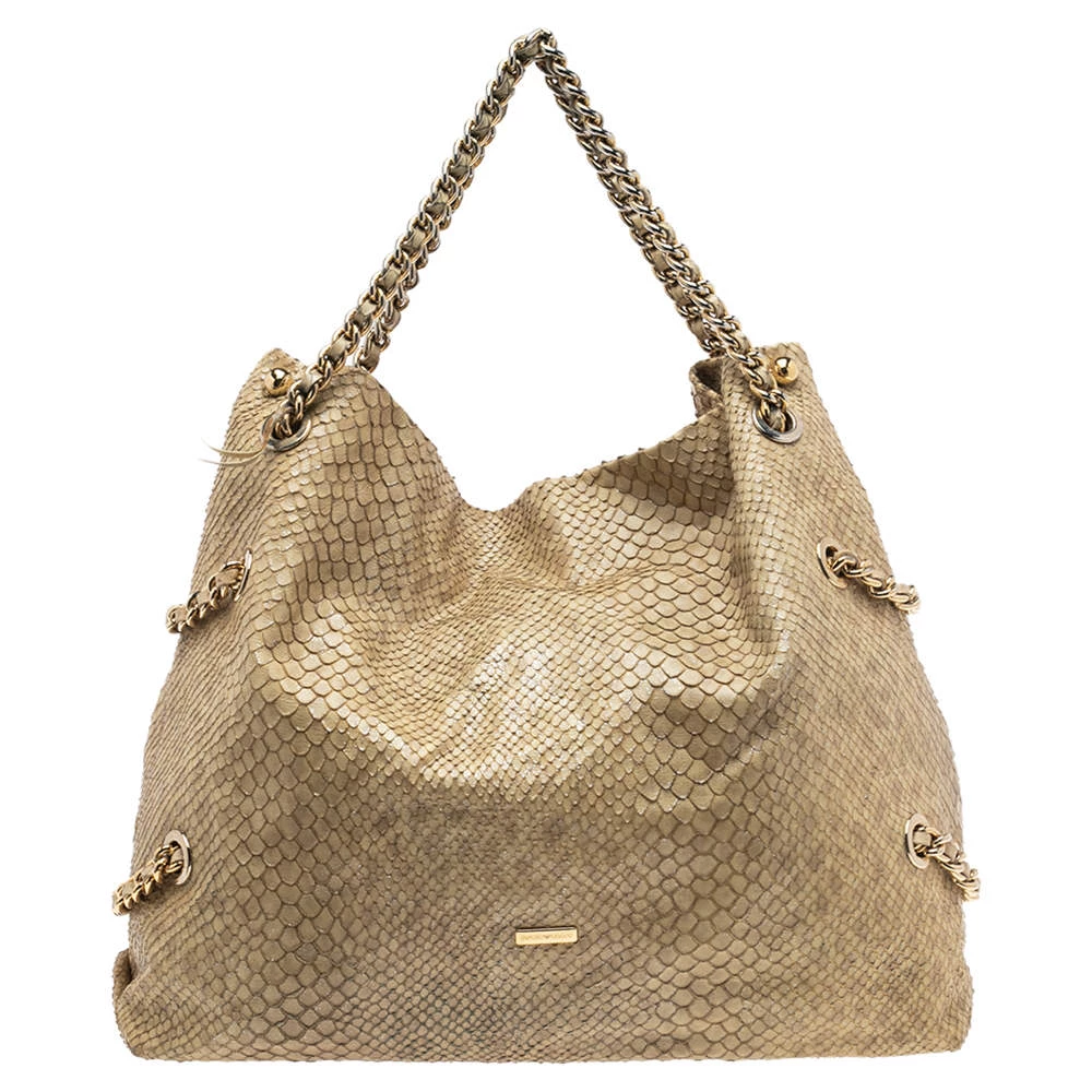 Emporio Armani Beige Glittery Snakeskin Embossed Leather Chain Detail Hobo For Women 3 Emporio Armani Beige Glittery Snakeskin Embossed Leather Chain Detail Hobo For Women