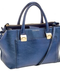 Emporio Armani Metallic Navy Blue Leather Tote For Women -Emporio Armani sale luxury women emporio armani used handbags p567920 009