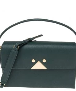 Emporio Armani Dark Green Saffiano Leather Flap Top Handle Bag For Women