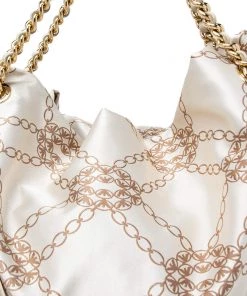 Emporio Armani Beige/Brown Logo Jacquard Fabric Chain Detail Hobo For Women -Emporio Armani sale luxury women emporio armani used handbags p605733 005