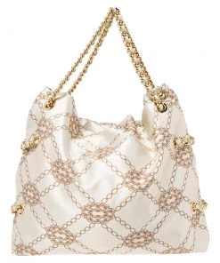 Emporio Armani Beige/Brown Logo Jacquard Fabric Chain Detail Hobo For Women