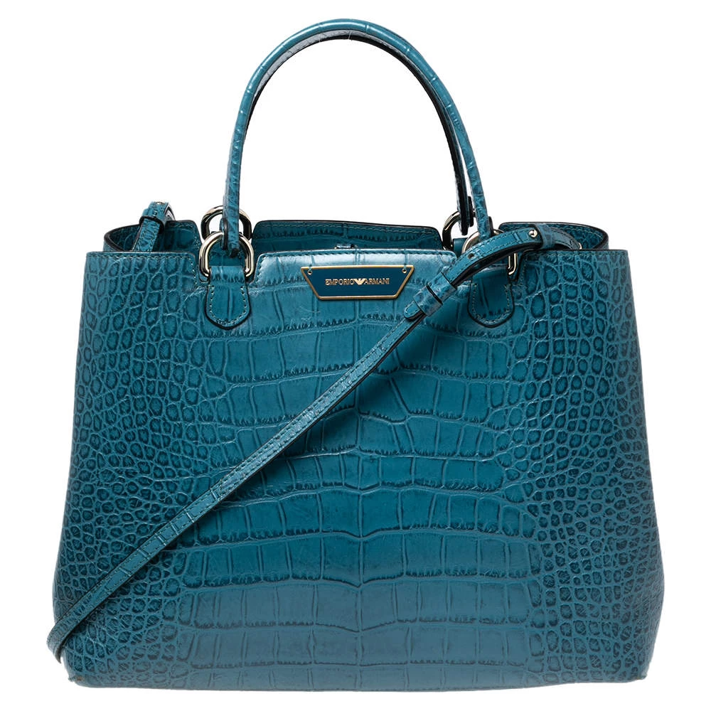 Emporio Armani Ocean Blue Croc Embossed Leather New Beverly Tote For Women 3 Emporio Armani Ocean Blue Croc Embossed Leather New Beverly Tote For Women