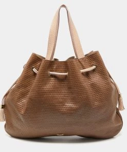 Emporio Armani Brown/Peach Embossed Leather Drawstring Tassel Shoulder Bag For Women